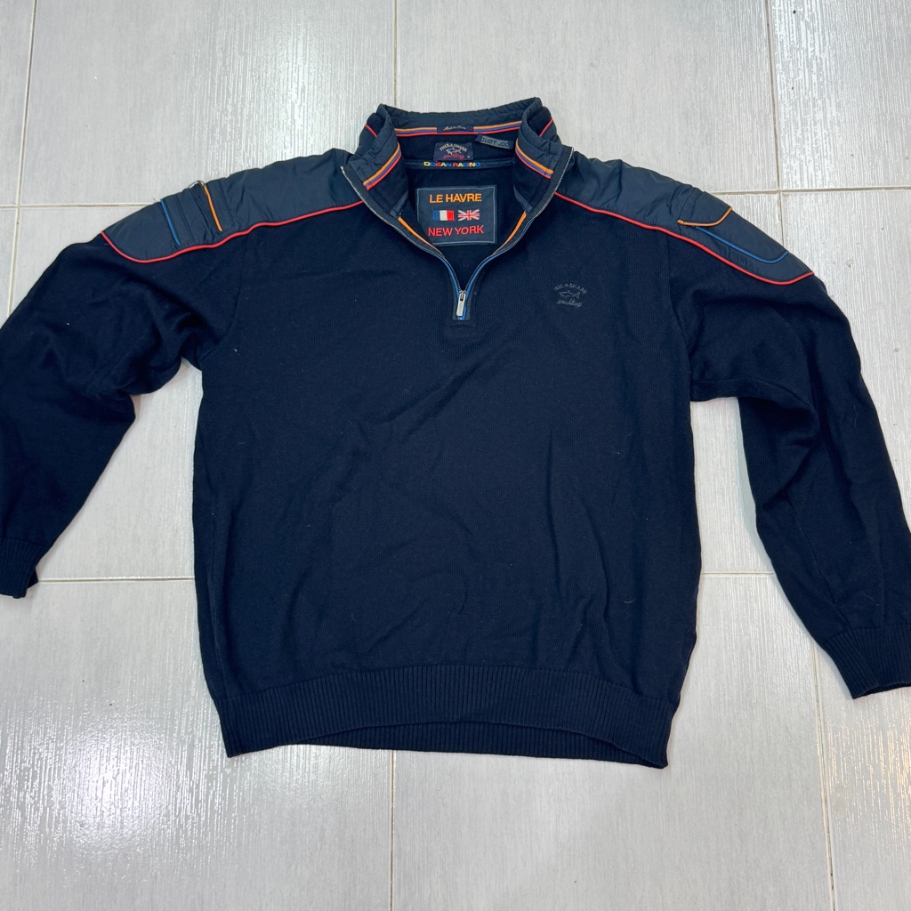 Paul & Shark Quarter-Zip Sweater With Shoulder Accents "Le Havre New York" Label